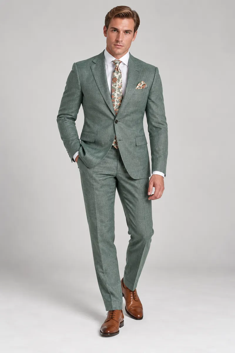 Seafoam green made-to-measure two-piece wedding suit photographed on the wearer