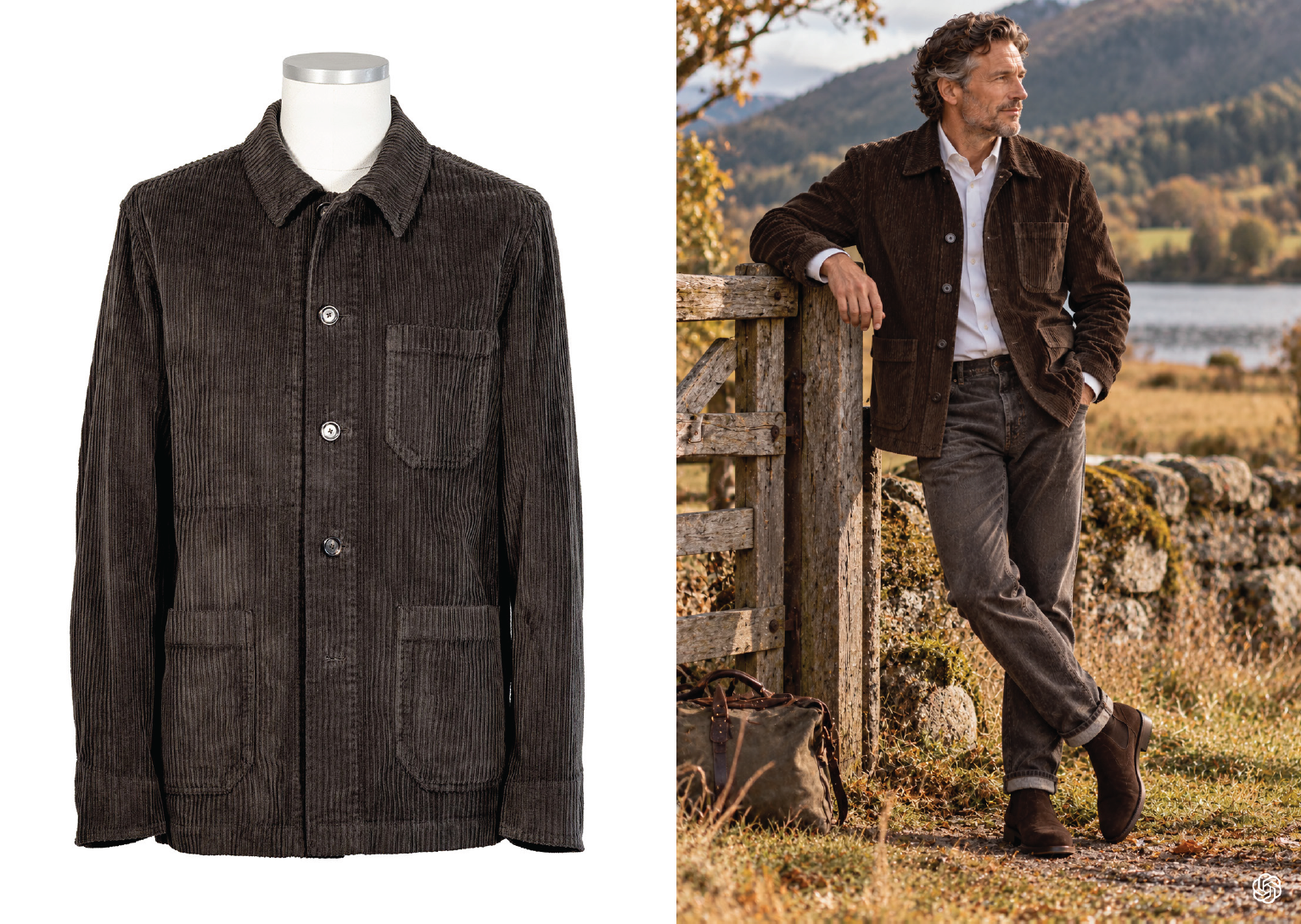 A shirt jacket in heavy garment-dyed corduroy, worn open over a knit and dark trousers