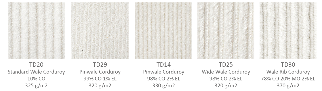 Undyed corduroy fabric swatches: standard wale, pinwale, wide wale and wale rib corduroy