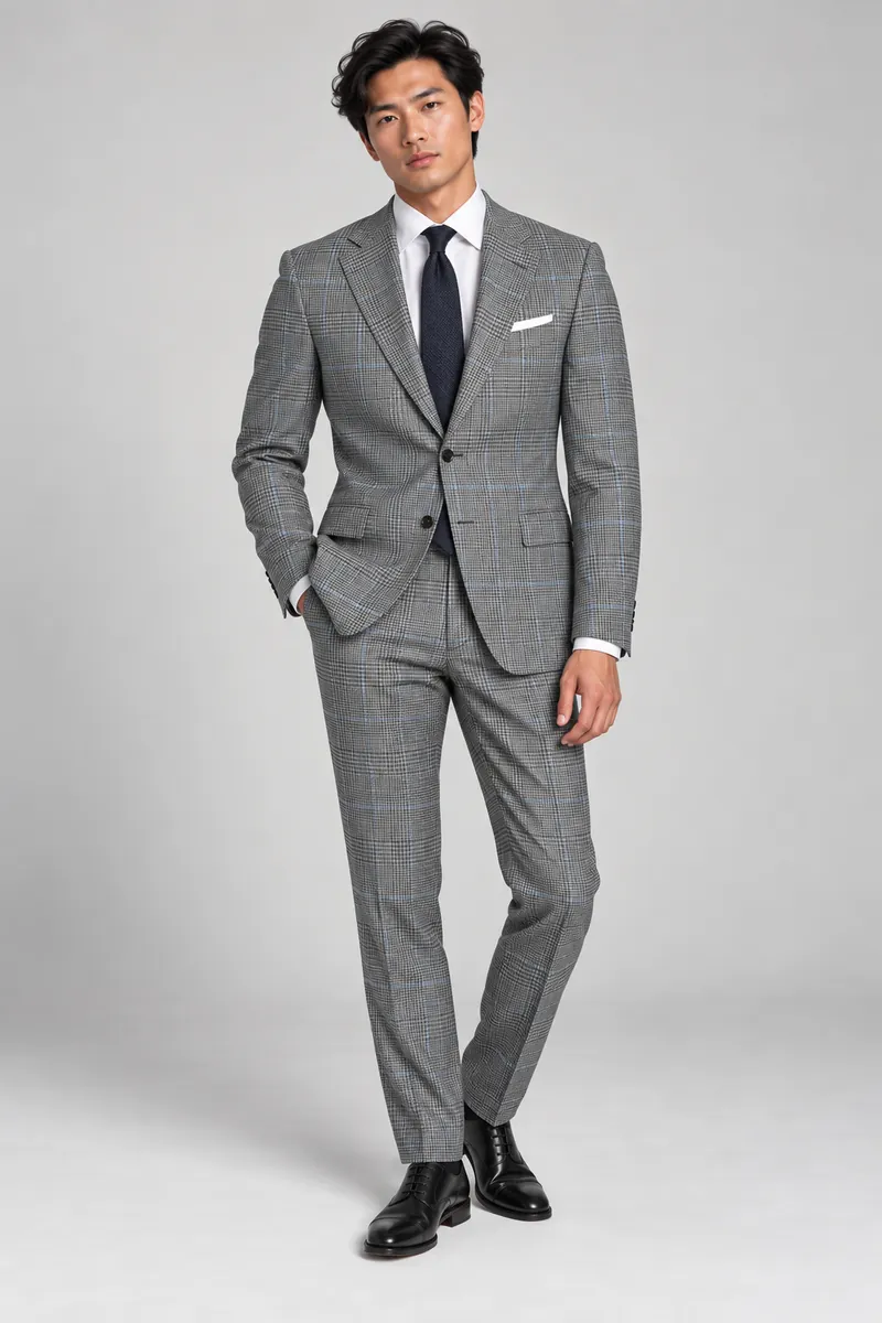 Prince of Wales check made-to-measure two-piece suit photographed on the wearer