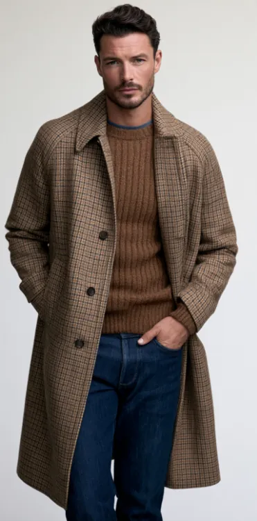 A man wearing a brown Prince of Wales check tweed overcoat with a raglan sleeve over a cable-knit sweater and jeans