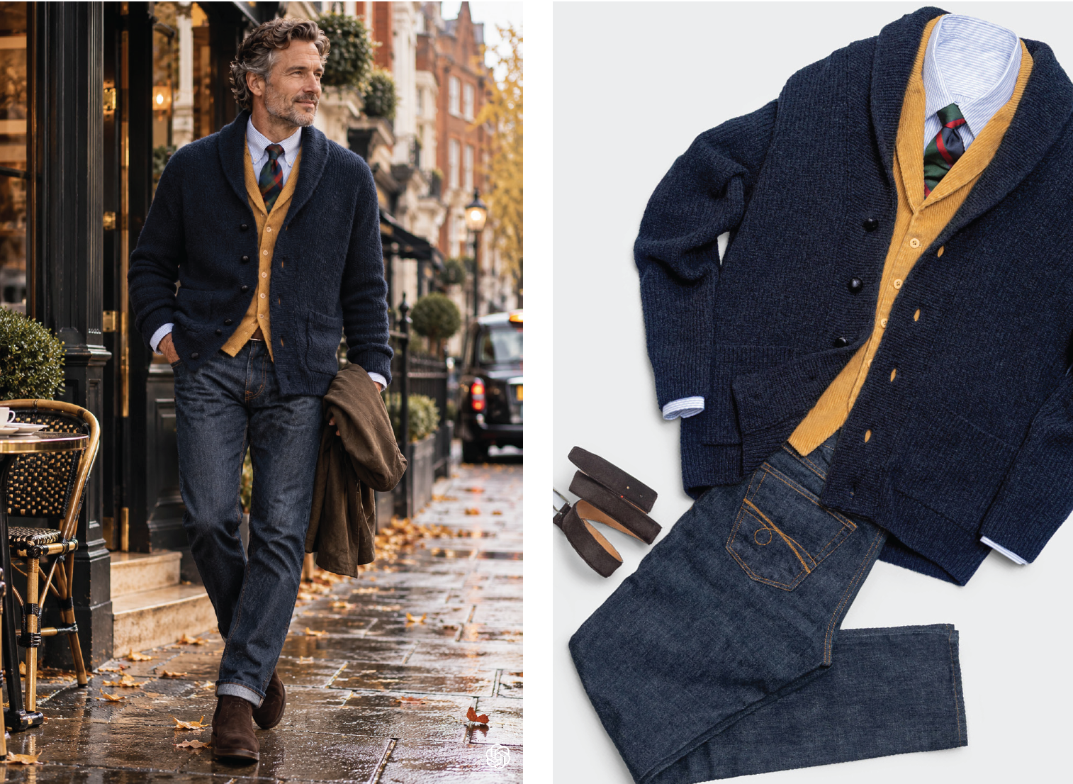 A layered garment-dyed outfit — navy shawl-collar cardigan jacket over an ochre cardigan, striped shirt and dark jeans — worn on a London street in autumn
