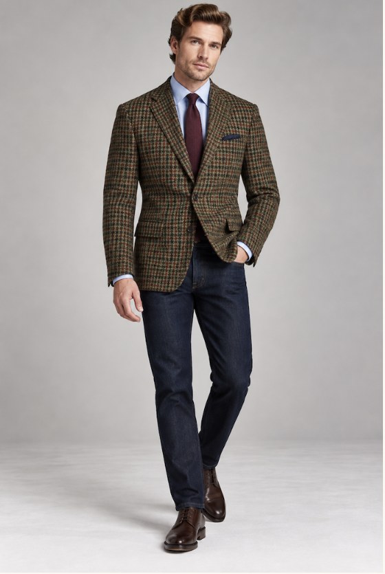 A man wearing a green gun club check tweed jacket with dark jeans and brown shoes