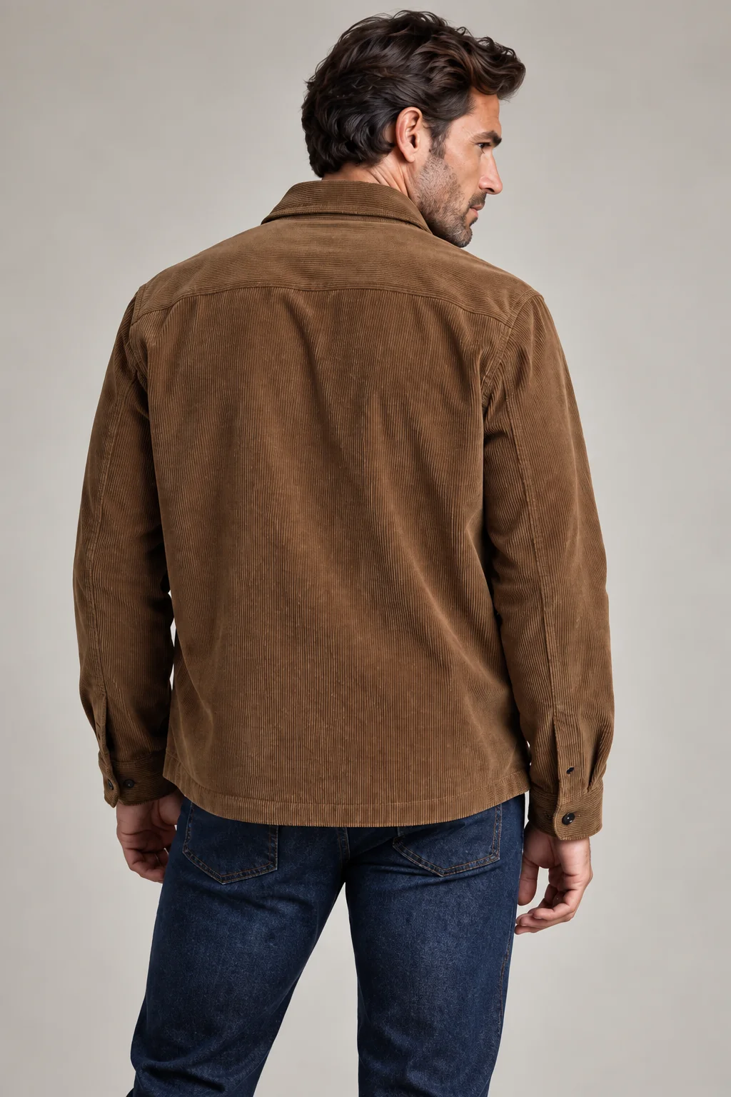 Rear view of the brown corduroy shirt jacket worn with dark indigo jeans