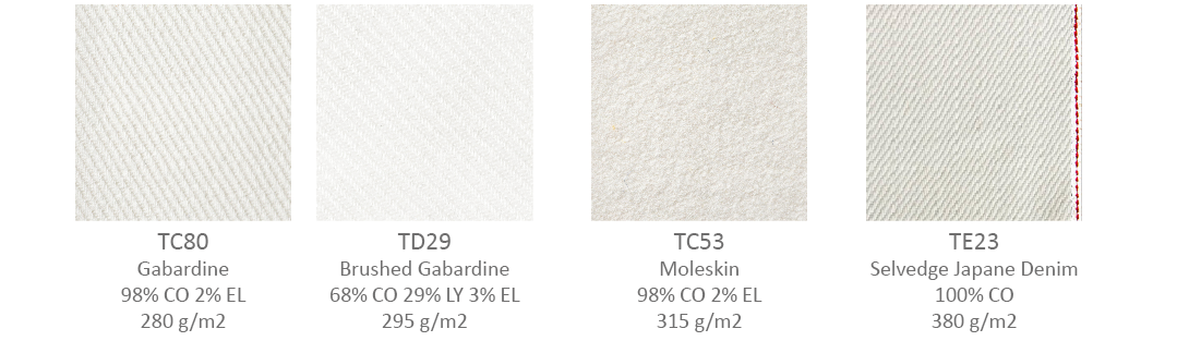 Undyed fabric swatches: gabardine, brushed gabardine, moleskin and selvedge Japan denim