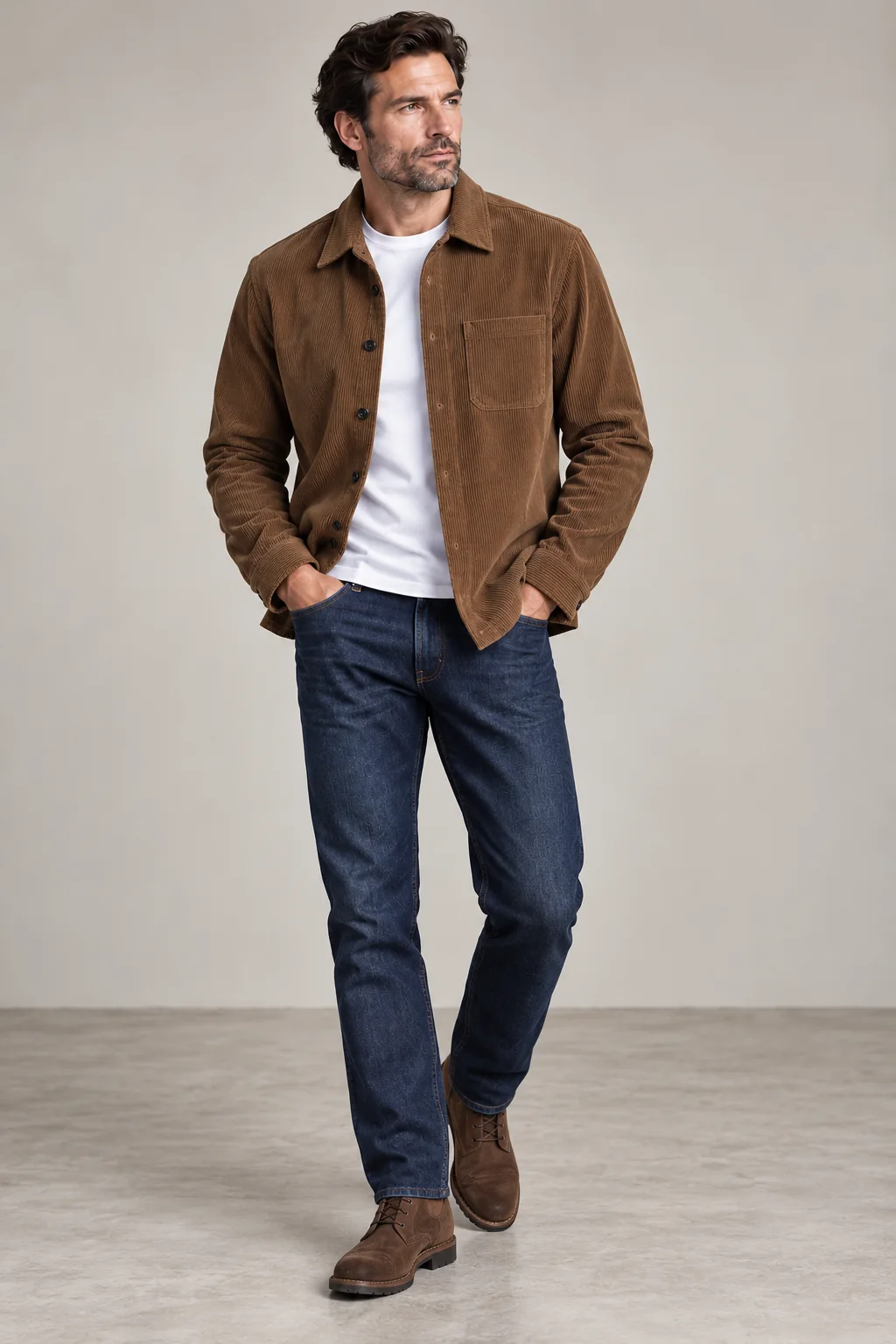 Brown corduroy shirt jacket styled open over a white T-shirt with dark indigo jeans and brown shoes