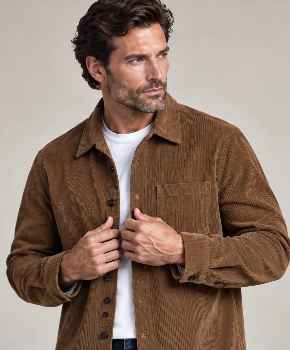 Close view of the brown corduroy shirt jacket showing the collar, chest pocket, buttons and fine wale