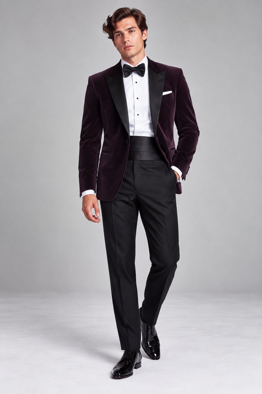Roomten aubergine velvet dinner jacket with black silk peak lapels and black trousers