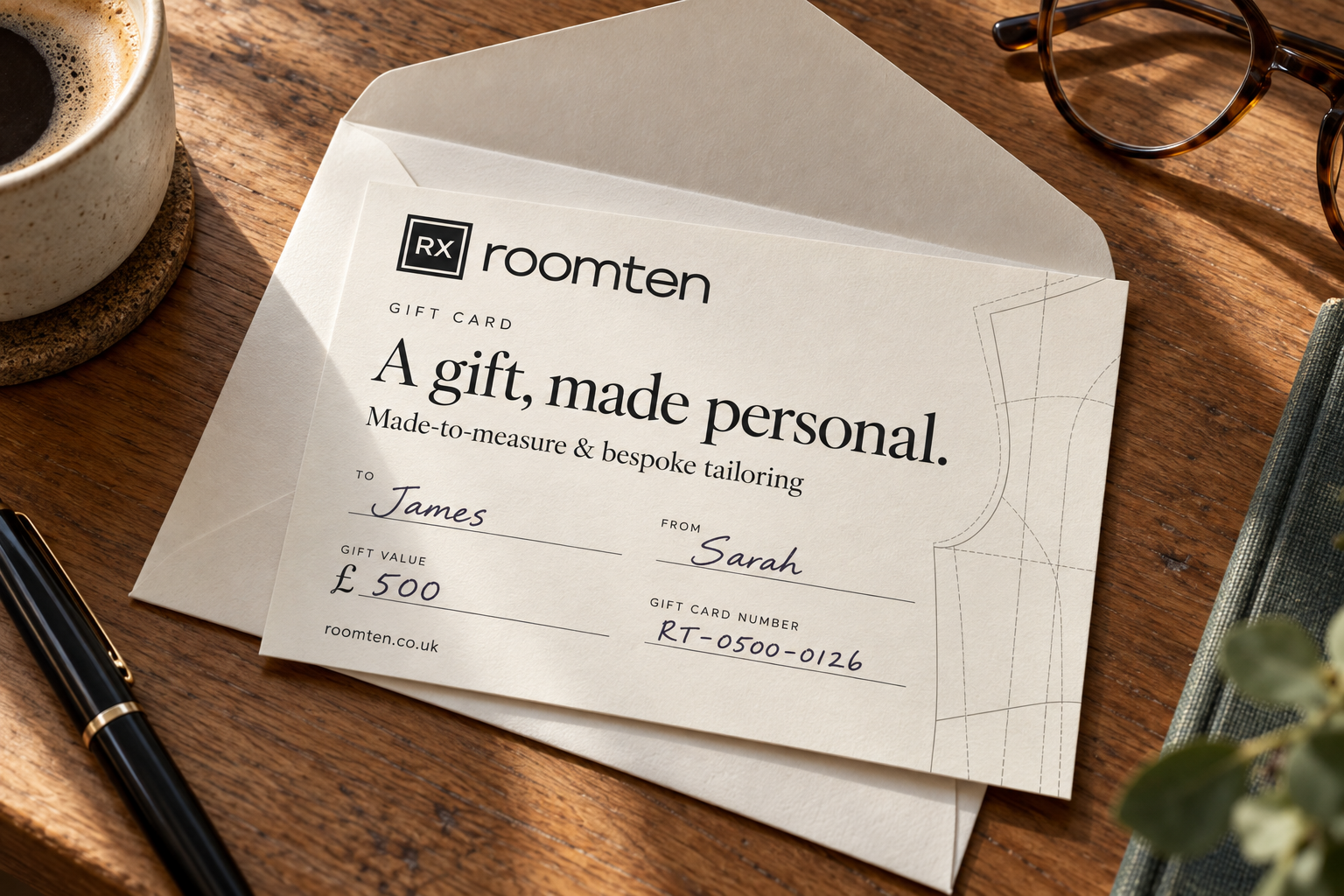 Roomten gift card in a cream envelope reading 'A gift, made personal'