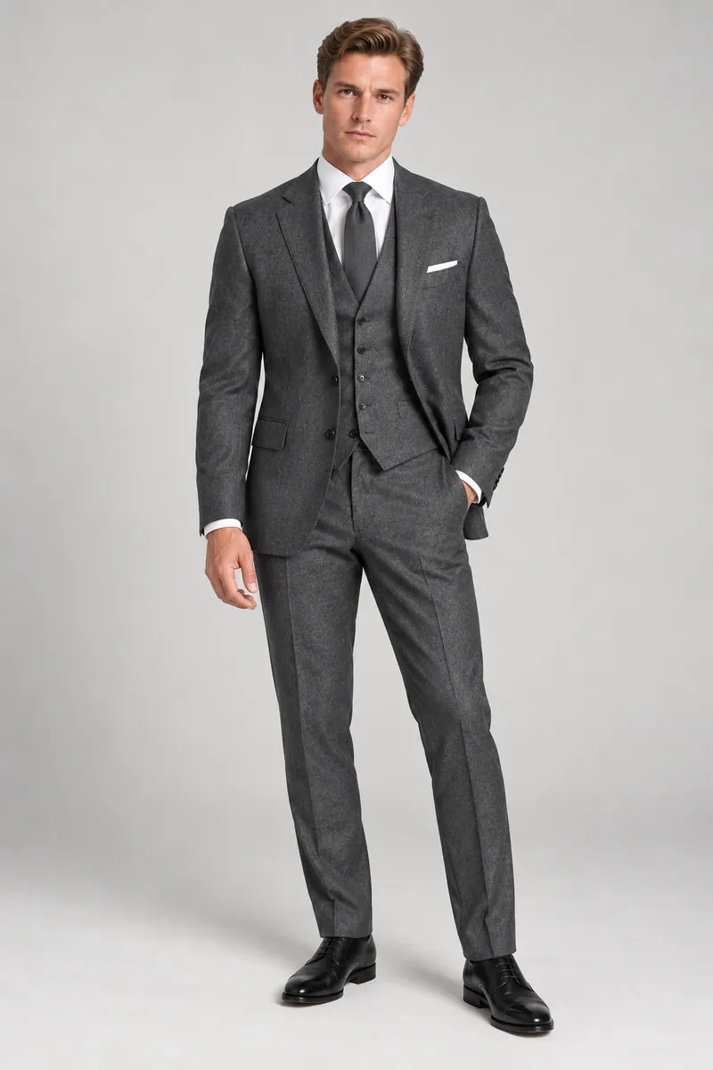 Mid-grey flannel three-piece suit with matching waistcoat