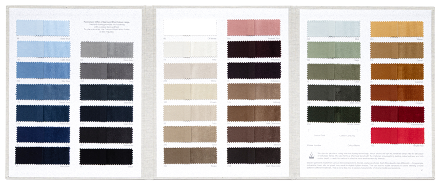 The garment dye colour chart: rows of dyed cotton twill and corduroy swatches in blues, greys, greens, browns, reds and neutrals