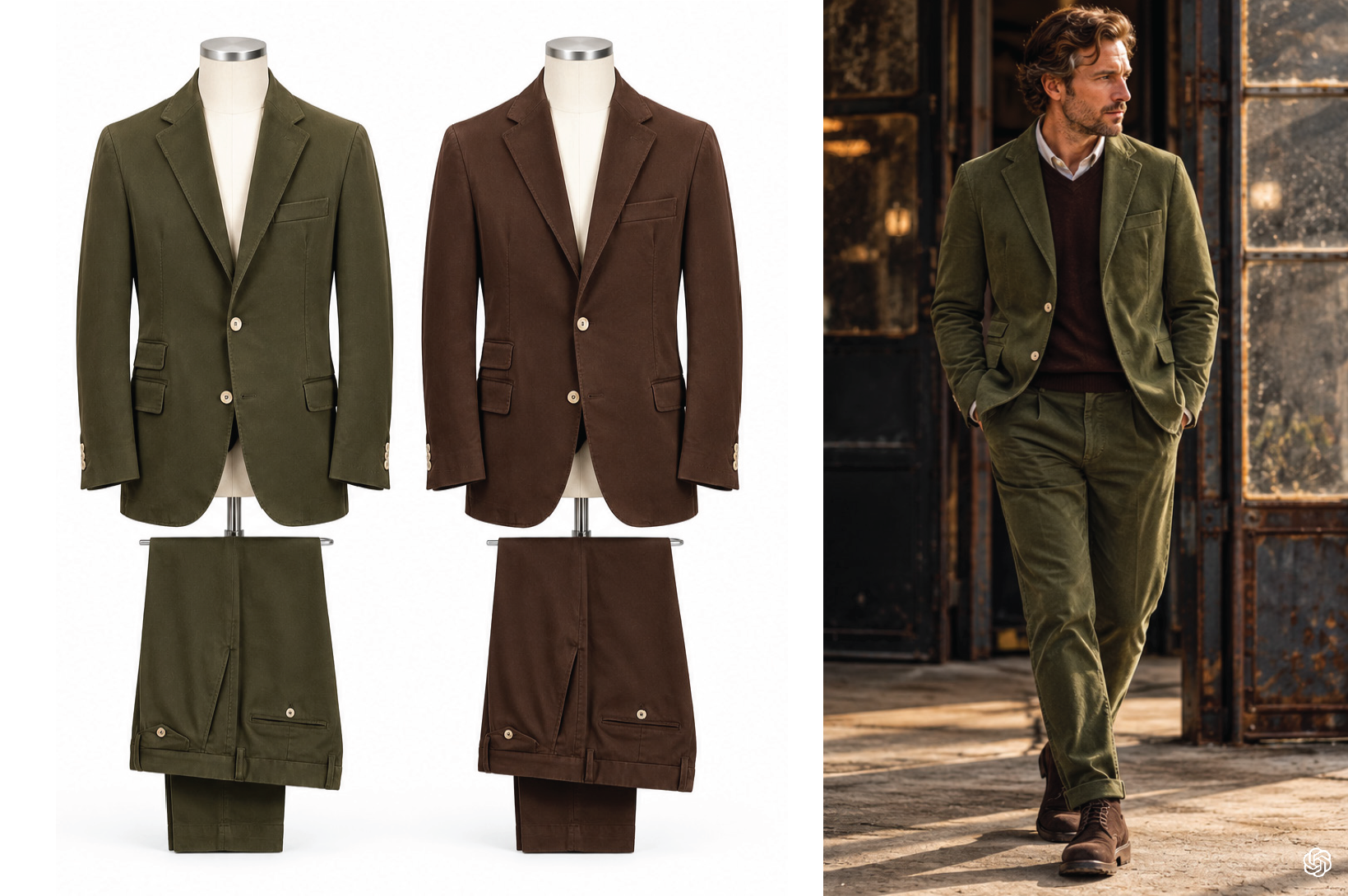 Garment-dyed cotton suits in olive green and chocolate brown, shown on mannequins and worn with a roll-neck and boots