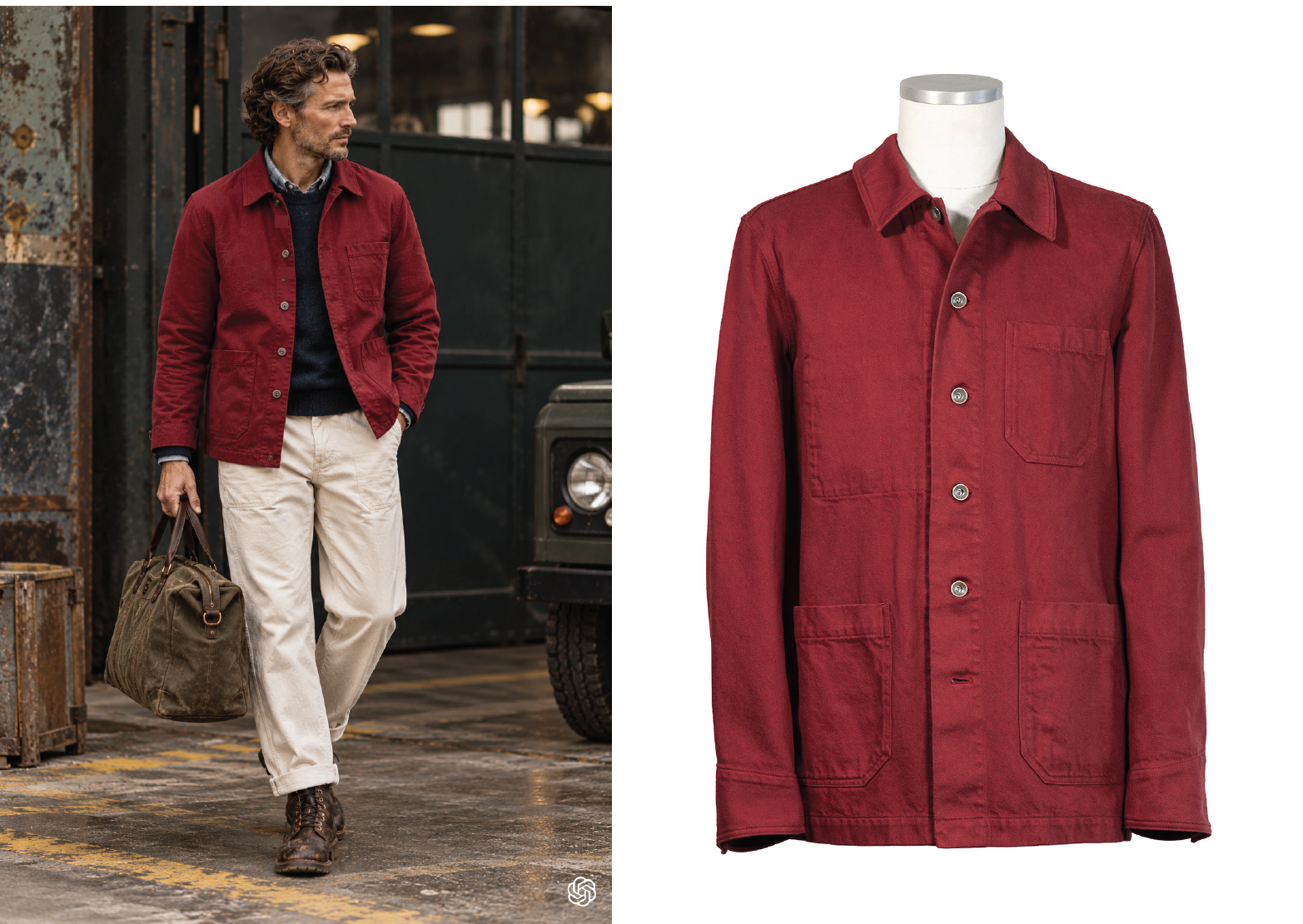 A deep red garment-dyed shirt jacket with patch pockets, worn open over a navy sweater with cream trousers