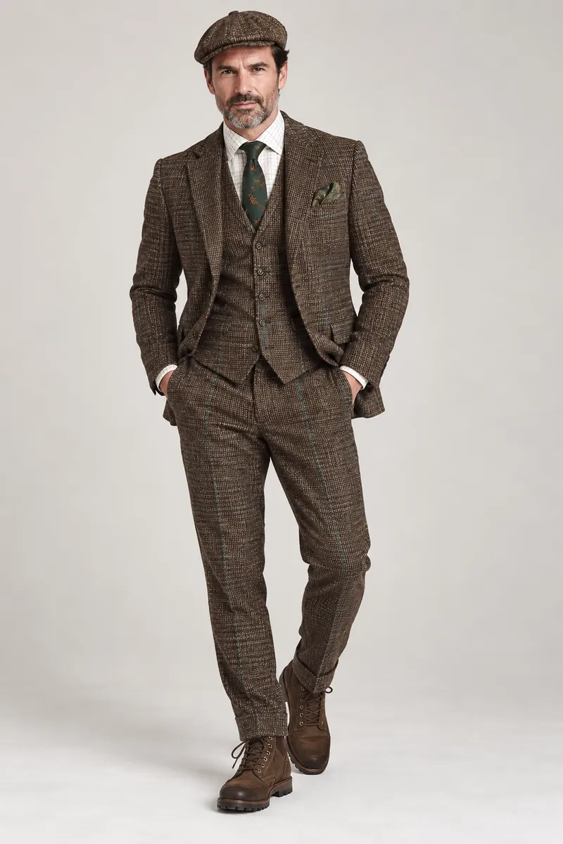 Tweed made-to-measure three-piece suit photographed on the wearer