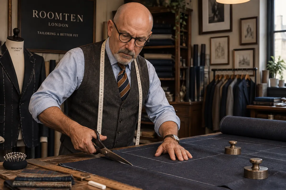 David Groves cutting cloth in the Roomten workroom