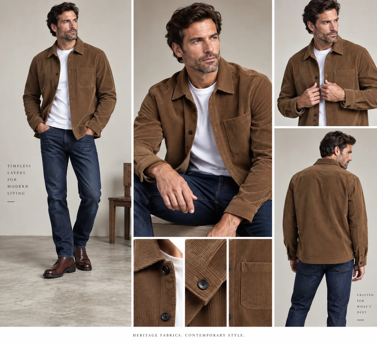 Editorial study of a brown corduroy shirt jacket worn with a white T-shirt, dark indigo jeans and brown shoes