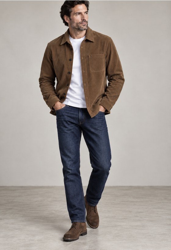 A man wearing a tan corduroy shirt jacket over a white t-shirt with dark jeans