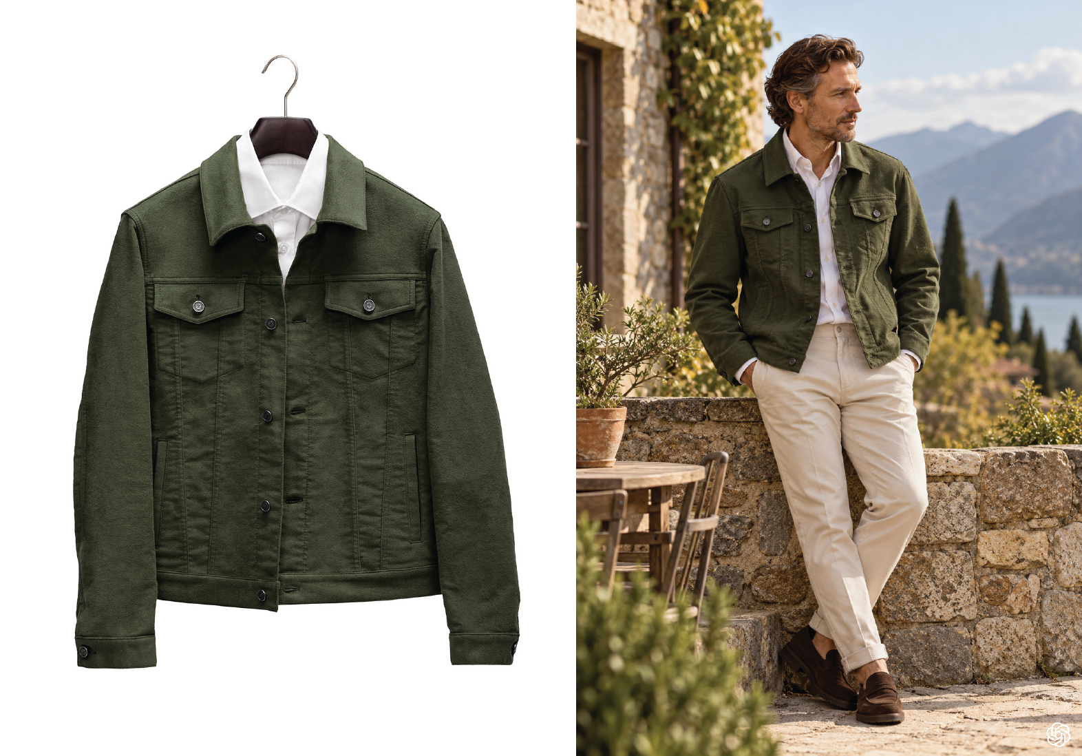 A forest green garment-dyed trucker jacket with chest pockets, worn over a white shirt with cream trousers