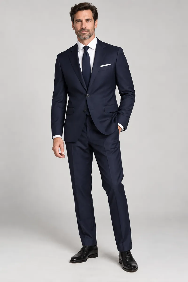 Navy worsted made-to-measure two-piece suit photographed on the wearer