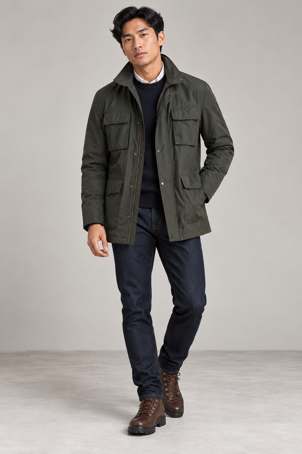 Dark green field coat worn with navy knitwear, dark denim and brown boots