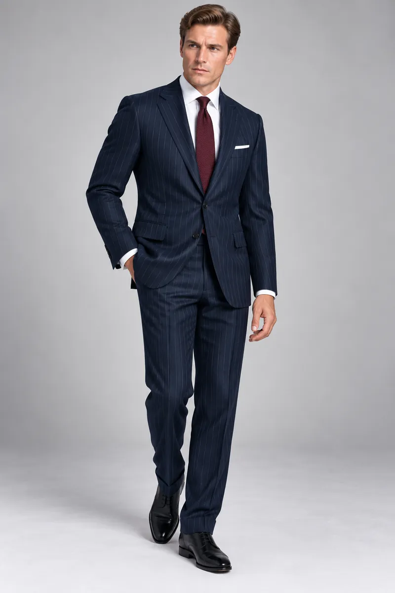 Dark navy pinstripe made-to-measure two-piece suit photographed on the wearer