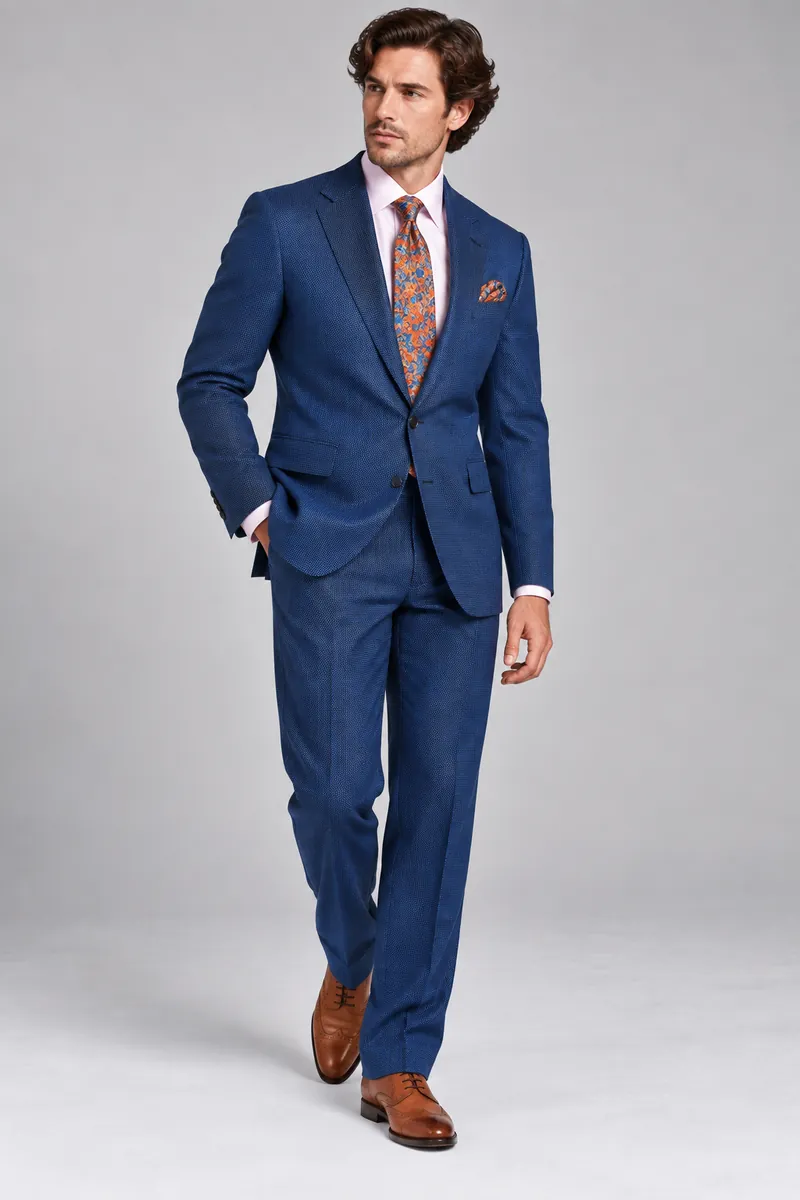 Royal blue made-to-measure two-piece suit photographed on the wearer