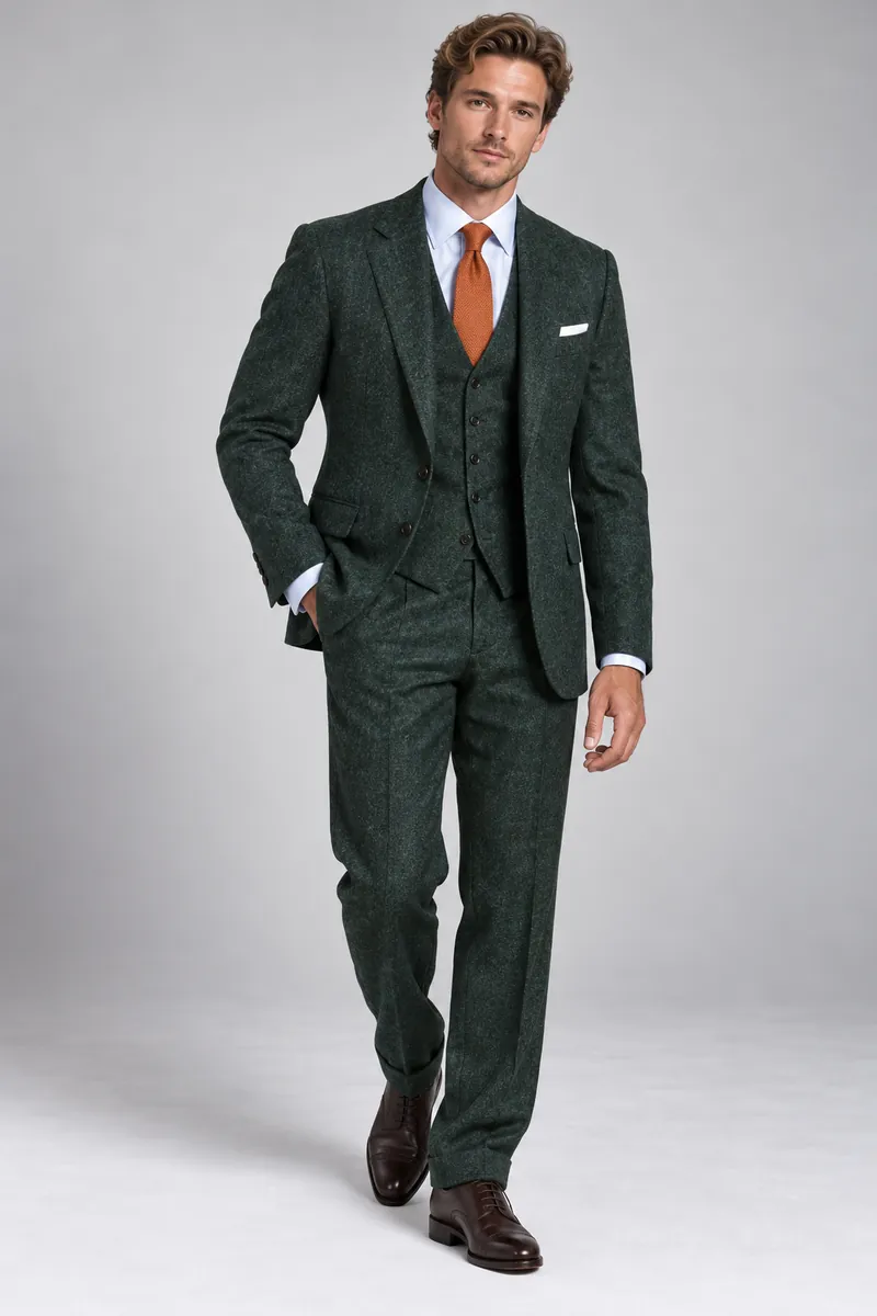Forest green made-to-measure three-piece suit photographed on the wearer