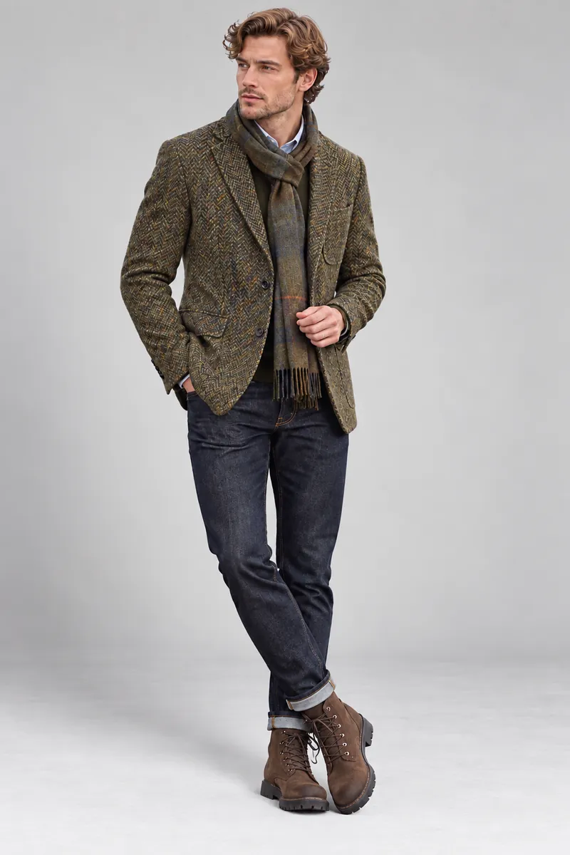 Forest green Moon tweed jacket photographed on the wearer