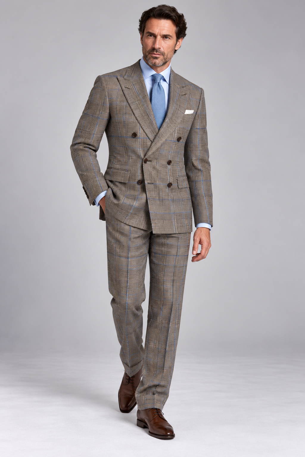 2 Piece Suit -Tan Glen Check (Plaid) with Blue Windowpane Fabric 6223030