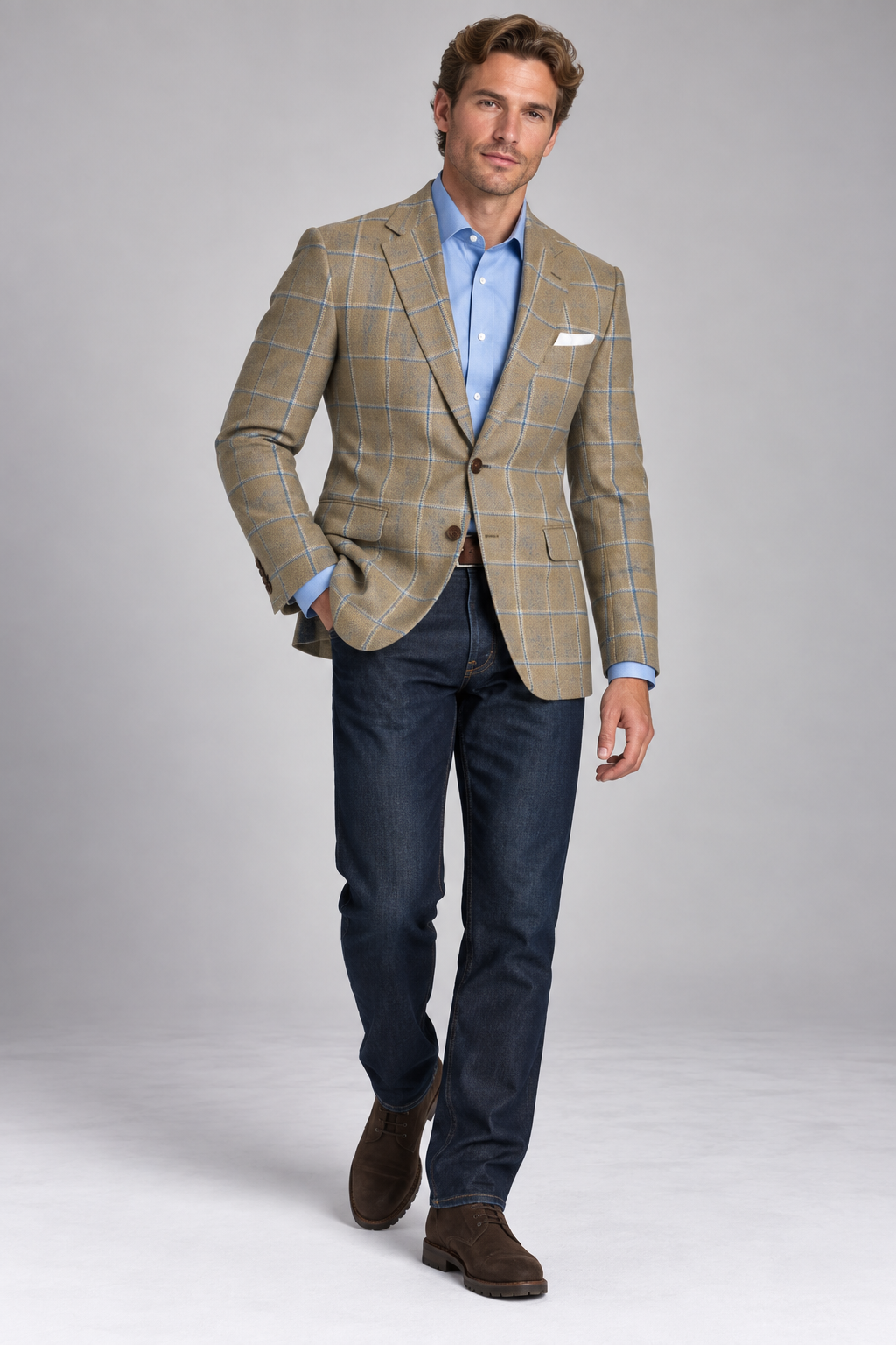 Grey flannel trousers with a single reverse pleat