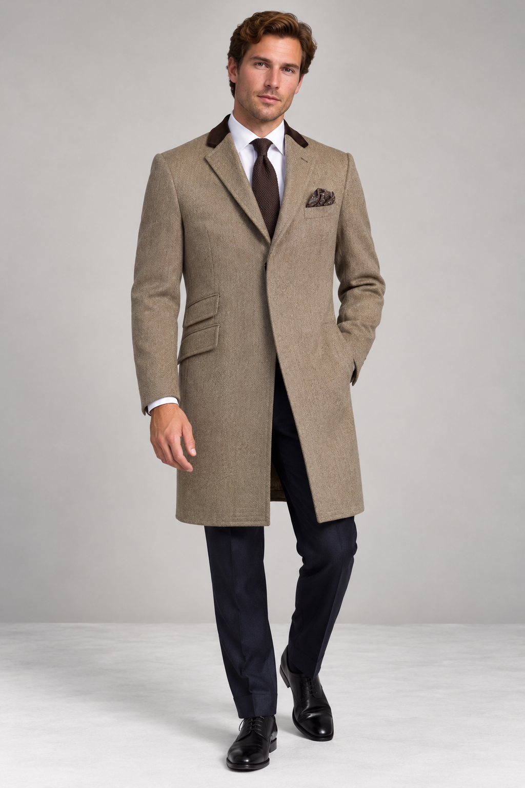 Covert coat in a warm fawn cloth photographed outdoors