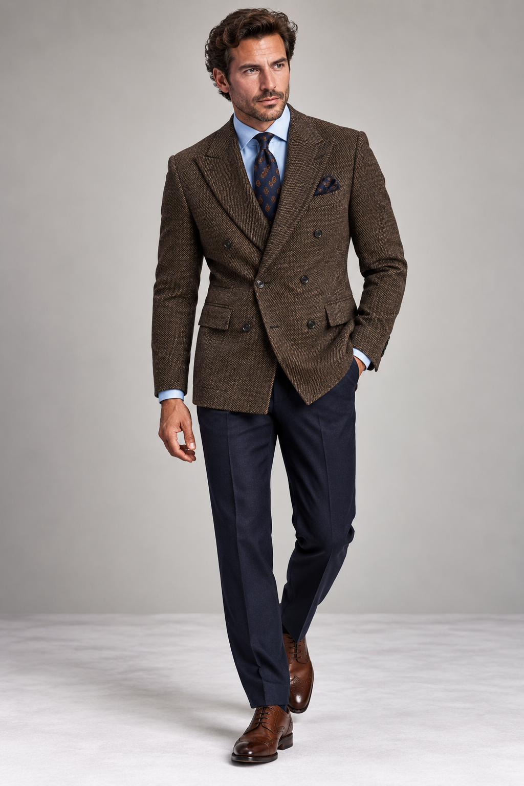 Brown Houndstooth Vintage Style Fabric 6223036, Navy Trousers