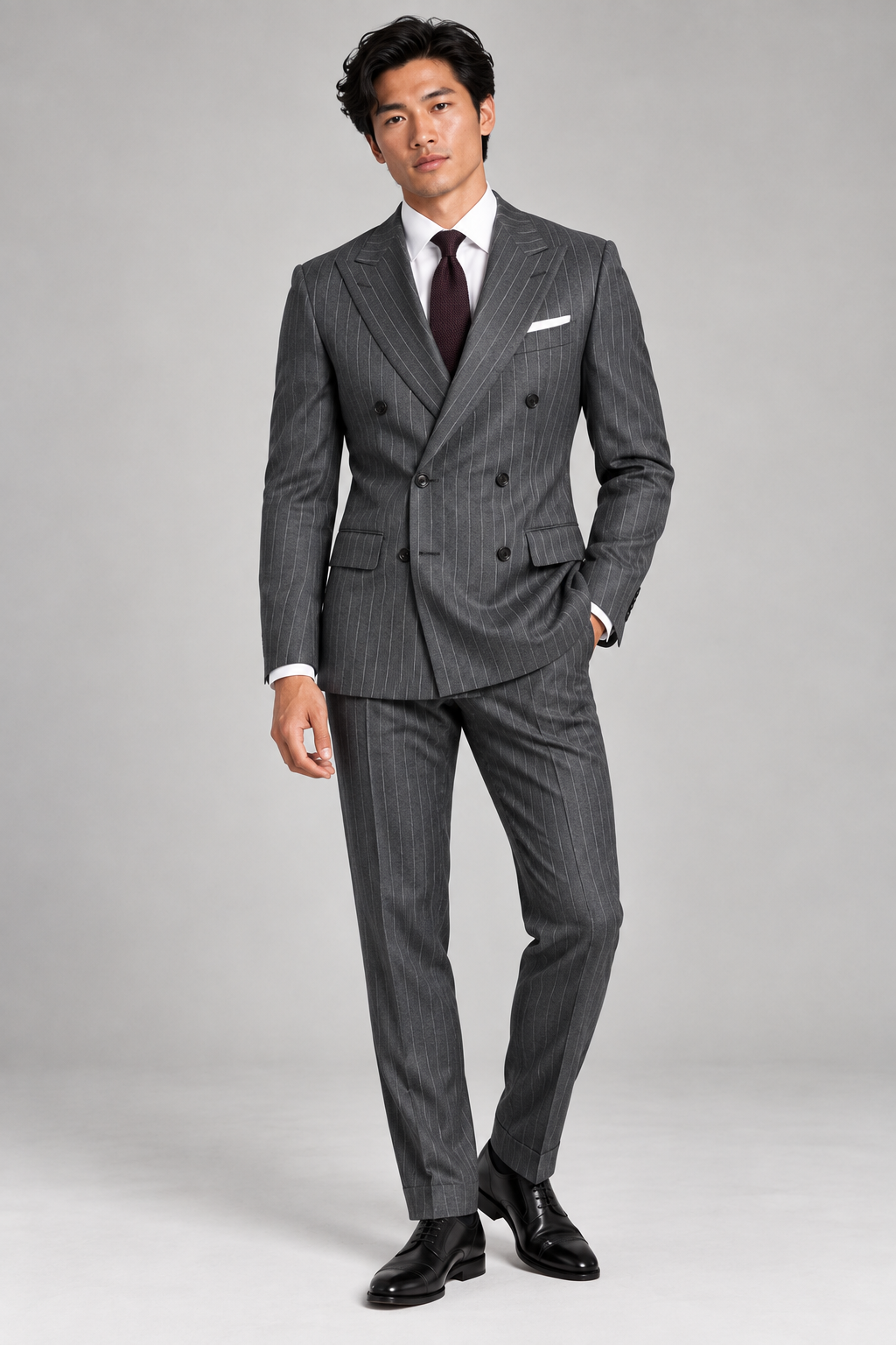 Grey Pinstripe 2 Piece Suit, double breasted jacket. Fabric Holland & Sherry 6425016