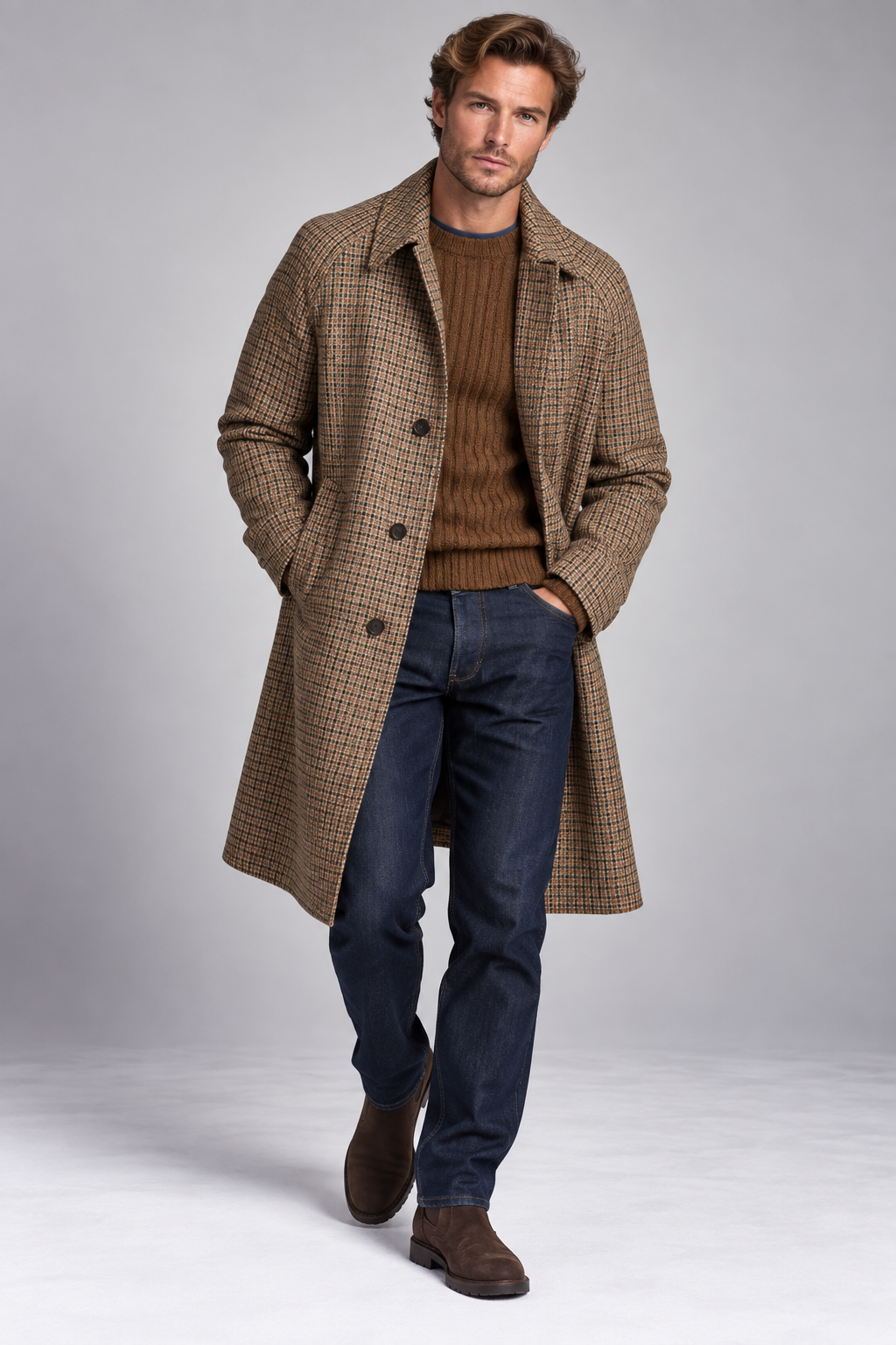 Overcoat with raglan sleeves in a Rogna gun-club-check fabric