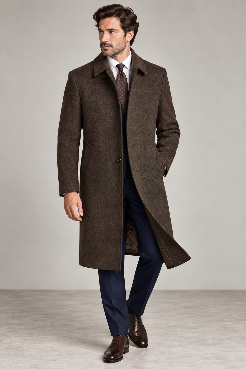 Raincoat style overcoat in brown wool fabric