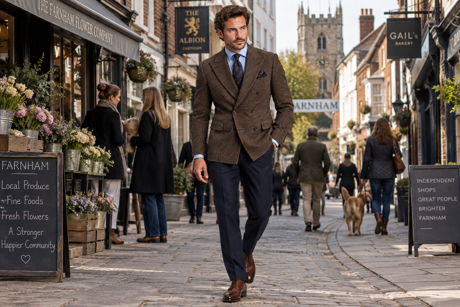Brown Hounds Tooth Jacket worn in market town