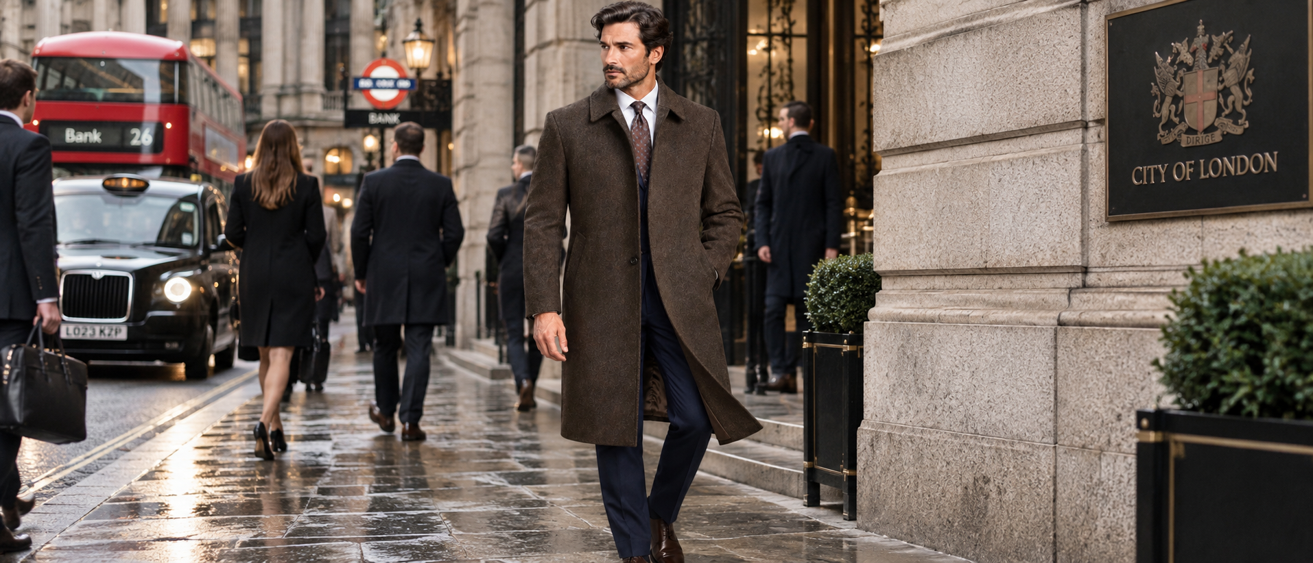 Brown Tweed Raincoat in the City of London