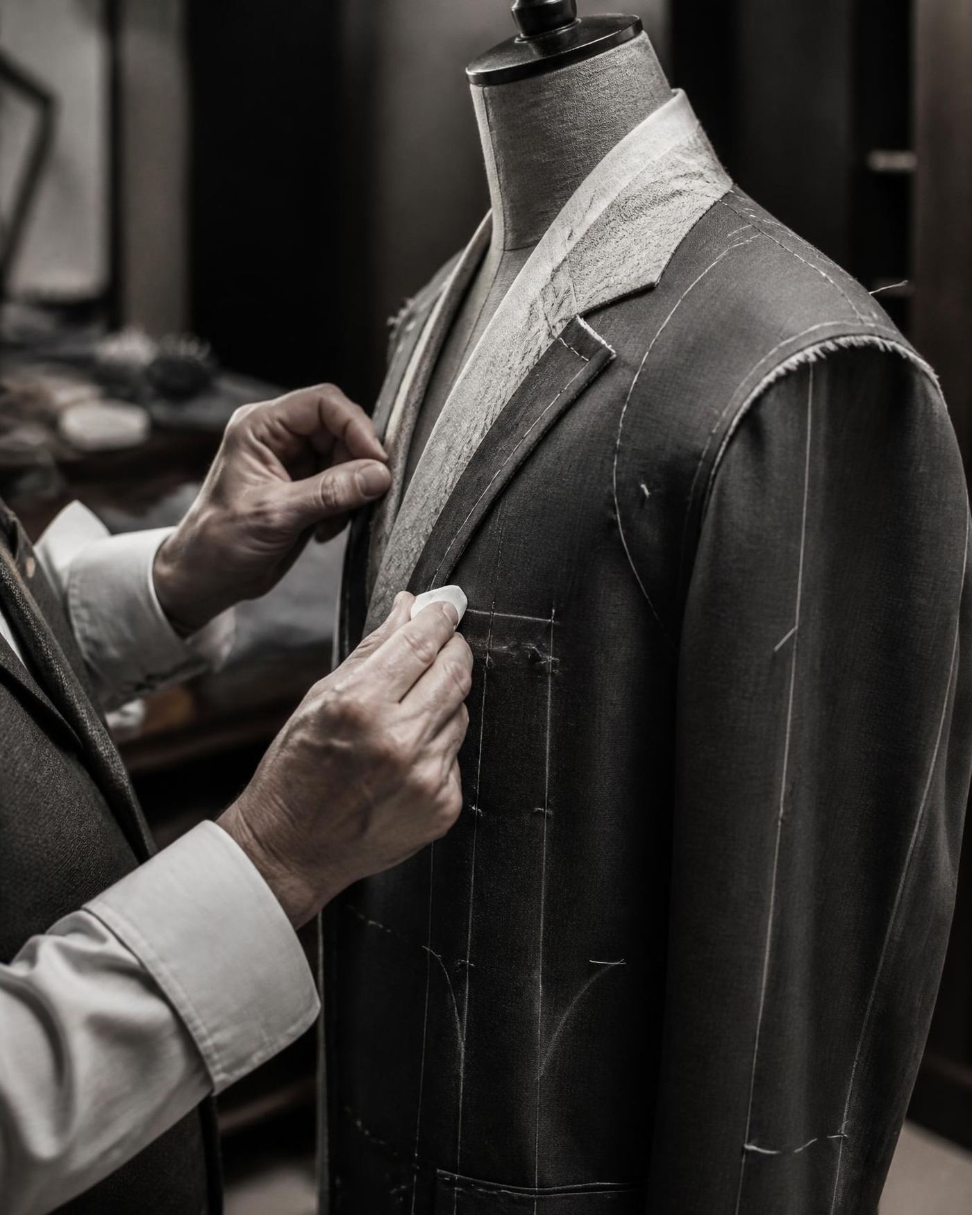 A tailor chalk-marking a part-made bespoke jacket with basting stitches