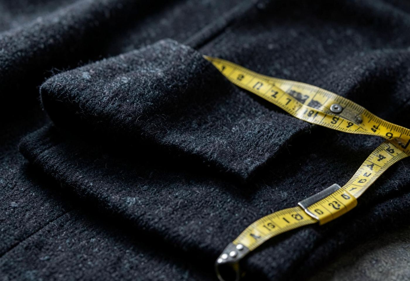 Folded suiting cloth beside a tape measure on a tailor's bench