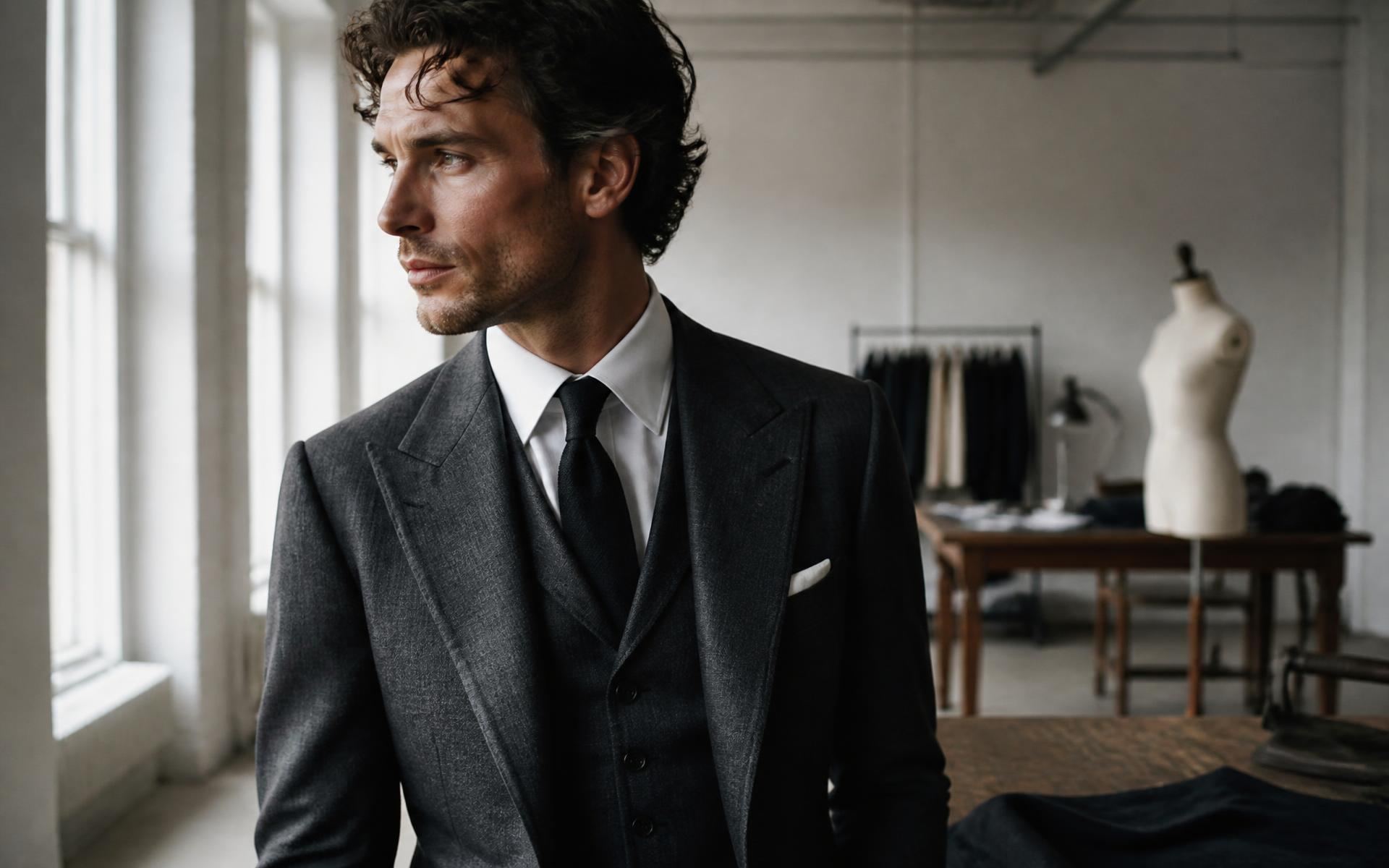 A made-to-measure charcoal three-piece suit worn in a tailoring workroom