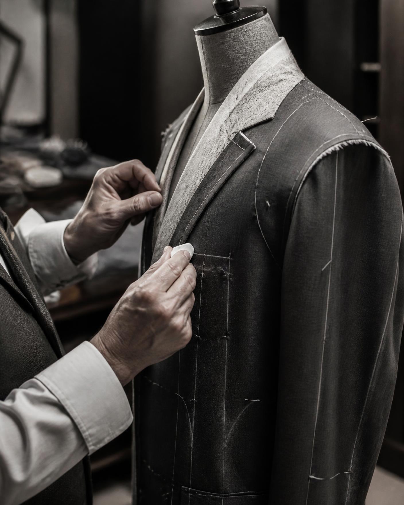 Hand finishing on a tailored dinner jacket at Roomten